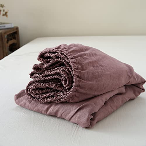 King Linens 100% Linen Fitted Sheet Stone Washed Solid Color - (1 Piece) 14 inch Deep Pocket Mattress Cover Soft Natural Breathable Farmhouse - Purple, Twin Size - Image 1