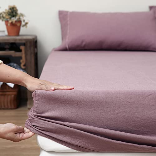 King Linens 100% Linen Fitted Sheet Stone Washed Solid Color - (1 Piece) 14 inch Deep Pocket Mattress Cover Soft Natural Breathable Farmhouse - Purple, Twin Size - Image 5