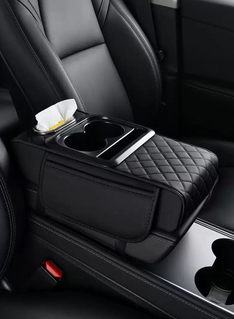 Generic Leather Arm Rest Cover for Car with Cup Holders, Tissue Slot – Center Console Cover for SUV Sedan Truck, Suitable for Commuters, Families, Rideshare Drivers  - Image 2