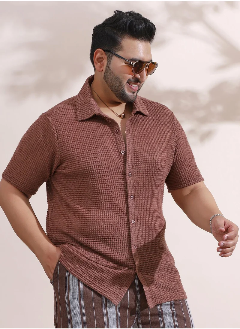 انستافاب بلس Instafab Plus Men's Chocolate Brown Solid-Knit Relaxed Shirt For Casual Wear | Spread Collar | Short Regular Sleeves | Button Closure | Plus Size Shirt Crafted With Comfort Fit For Everyday Wear