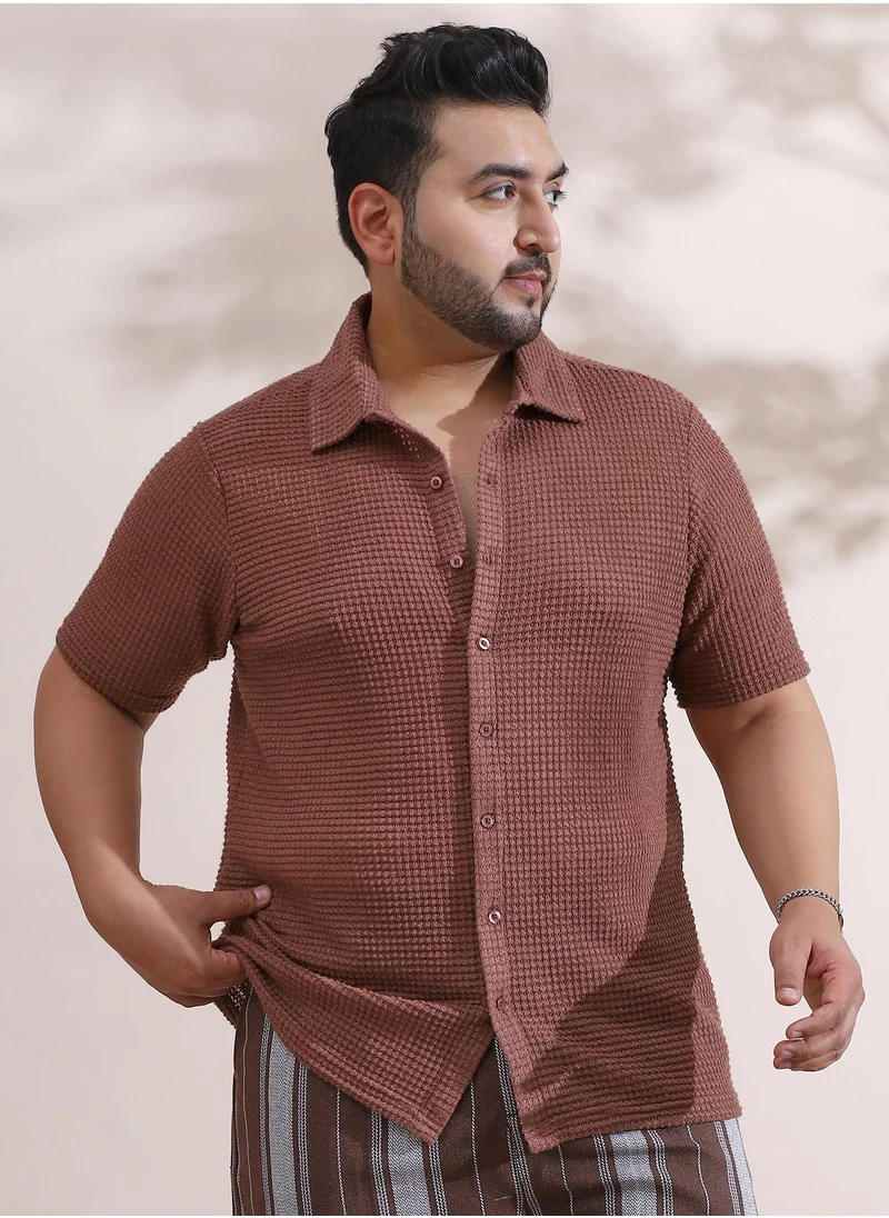 انستافاب بلس Instafab Plus Men's Chocolate Brown Solid-Knit Relaxed Shirt For Casual Wear | Spread Collar | Short Regular Sleeves | Button Closure | Plus Size Shirt Crafted With Comfort Fit For Everyday Wear