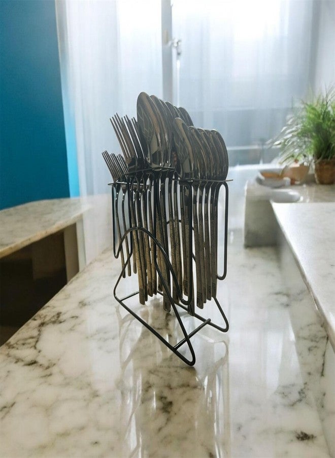 MERISH 25-Piece Stainless Steel Cutlery Set with Stand, 6 Dinner Spoons, 6 Tea Spoons, 6 Forks, 6 Soup Spoons, Black - Image 1
