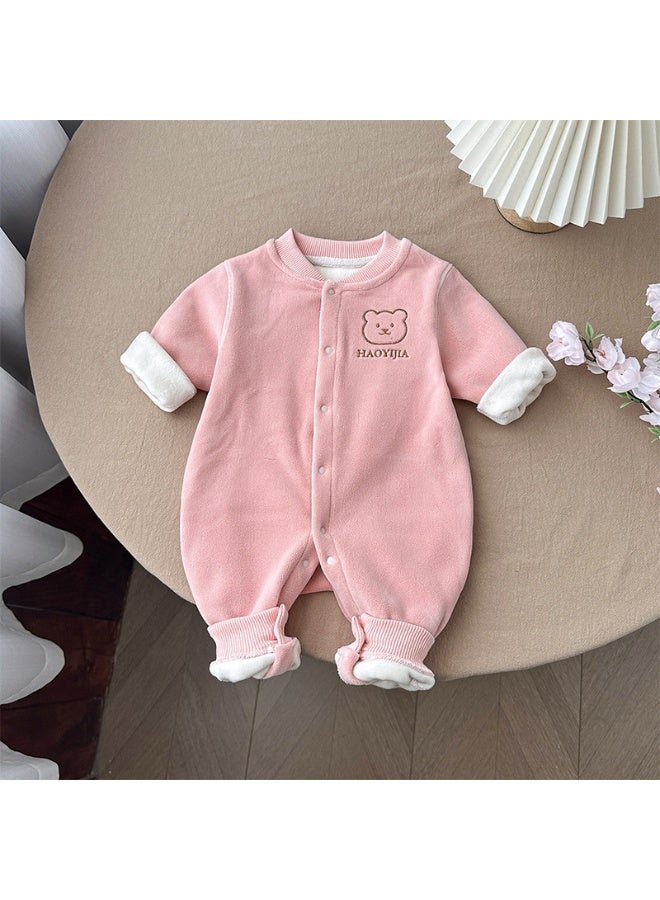 بدلة أطفال دفئة بأكمام طويلة بدون عظام مع رأس دب، مصنوعة من قماش سميك ومبطن، مثالية للخروج في أيام البرد.