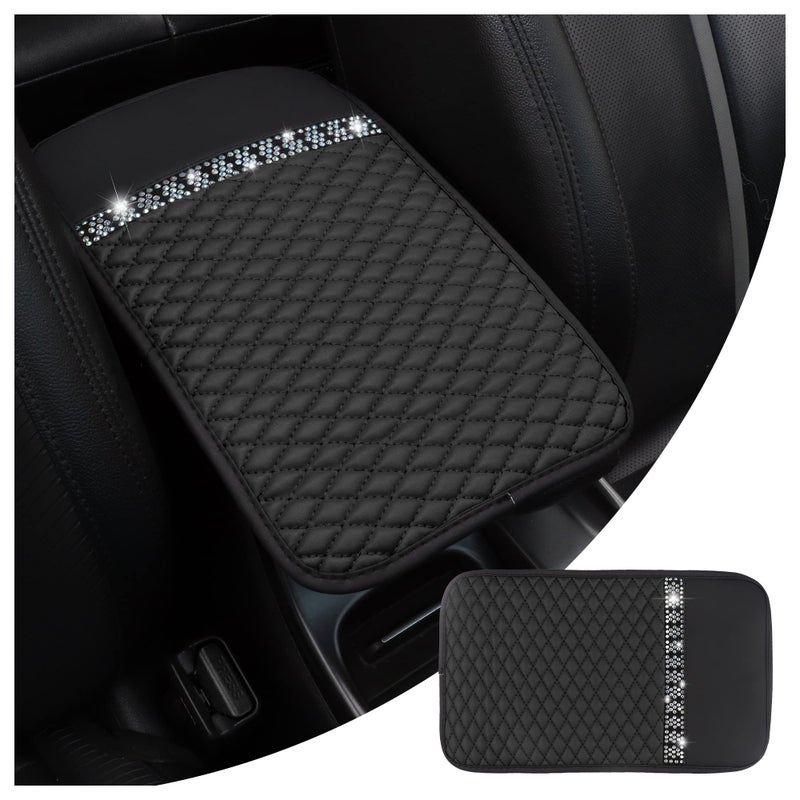 NHHC Bling Leather Car Armrest Box Cover,Car Center Console Protector with Colorful Crystal Rhinestones,Anti-Scratch Waterproof Car Armrest Seat Pad for Most Car,SUVs,Trucks (Black)