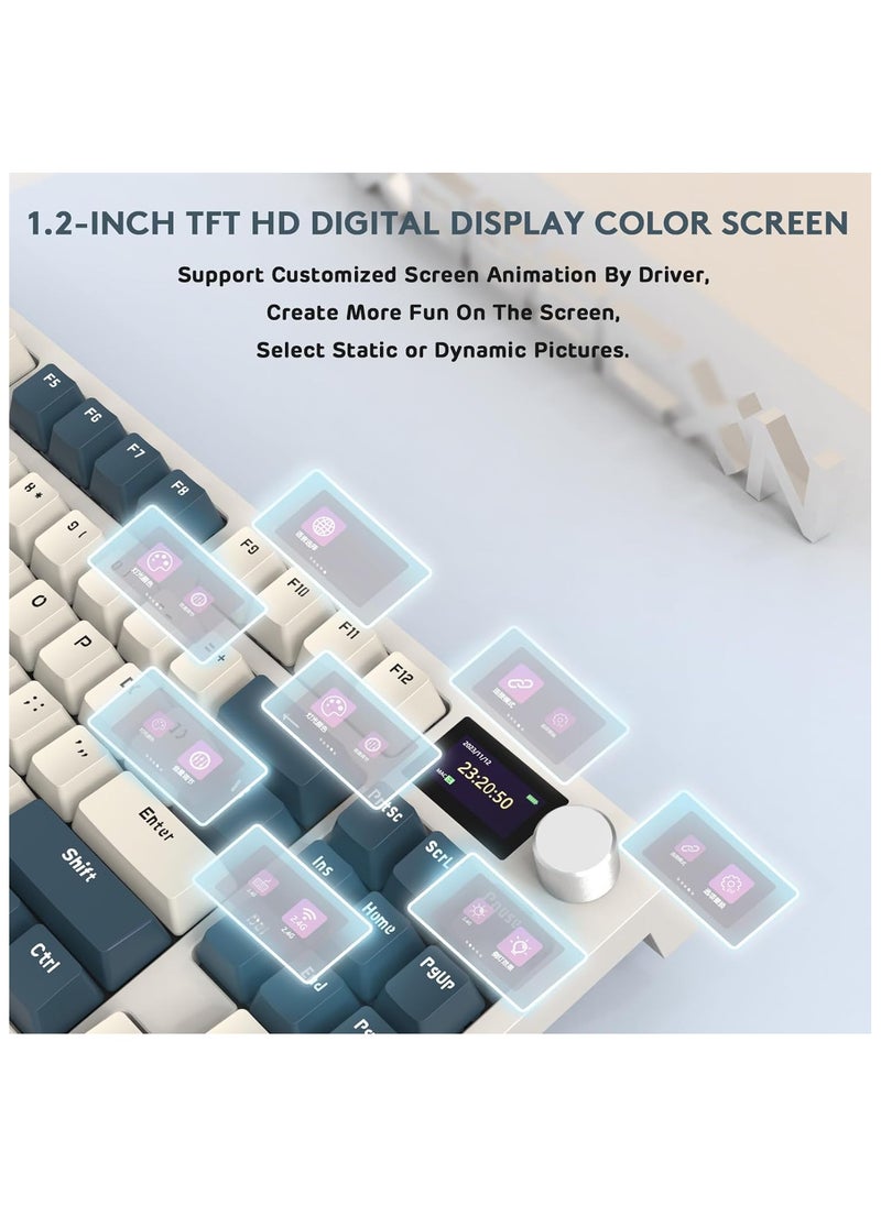 هجوم القرش - لوحة مفاتيح الألعاب الميكانيكية اللاسلكية K86 RGB – تصميم Gasket Mount – اتصال ثلاثي (بلوتوث 5.0، لاسلكي 2.4G، سلكي USB-C) – 87 مفتاح قابل للتبديل السريع – شاشة TFT ذكية – مقبض معدني للتحكم في الصوت – بطارية 4000mAh – أغطية مفاتيح PBT – متوافقة مع الكمبيوتر، اللابتوب، ماك (آلة الزمن الزرقاء) - Image 1