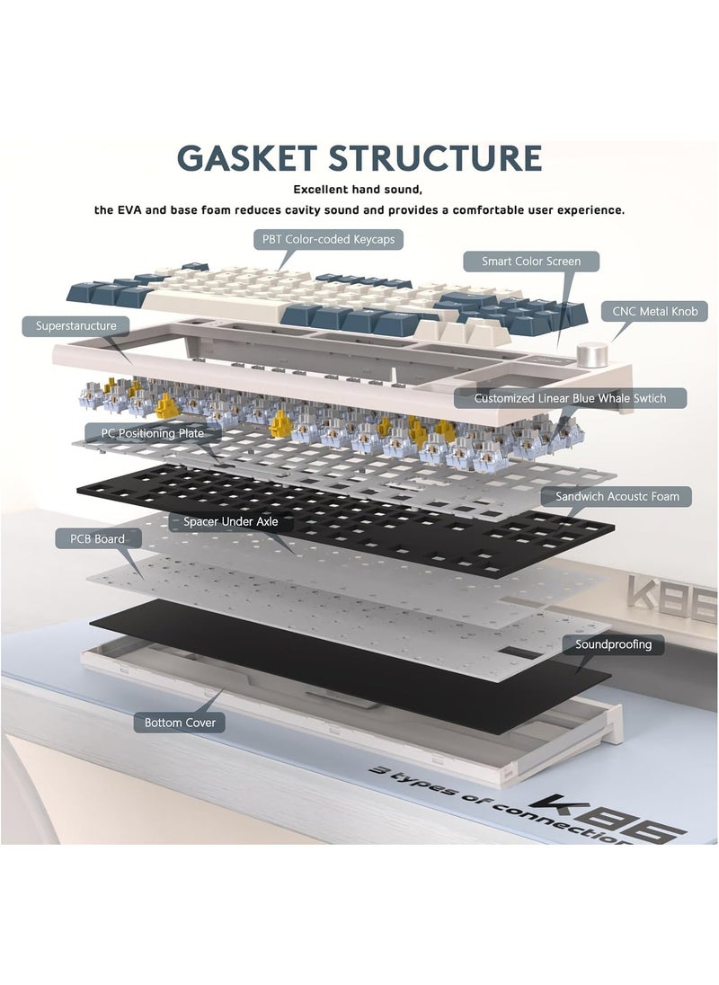هجوم القرش - لوحة مفاتيح الألعاب الميكانيكية اللاسلكية K86 RGB – تصميم Gasket Mount – اتصال ثلاثي (بلوتوث 5.0، لاسلكي 2.4G، سلكي USB-C) – 87 مفتاح قابل للتبديل السريع – شاشة TFT ذكية – مقبض معدني للتحكم في الصوت – بطارية 4000mAh – أغطية مفاتيح PBT – متوافقة مع الكمبيوتر، اللابتوب، ماك (آلة الزمن الزرقاء) - Image 1