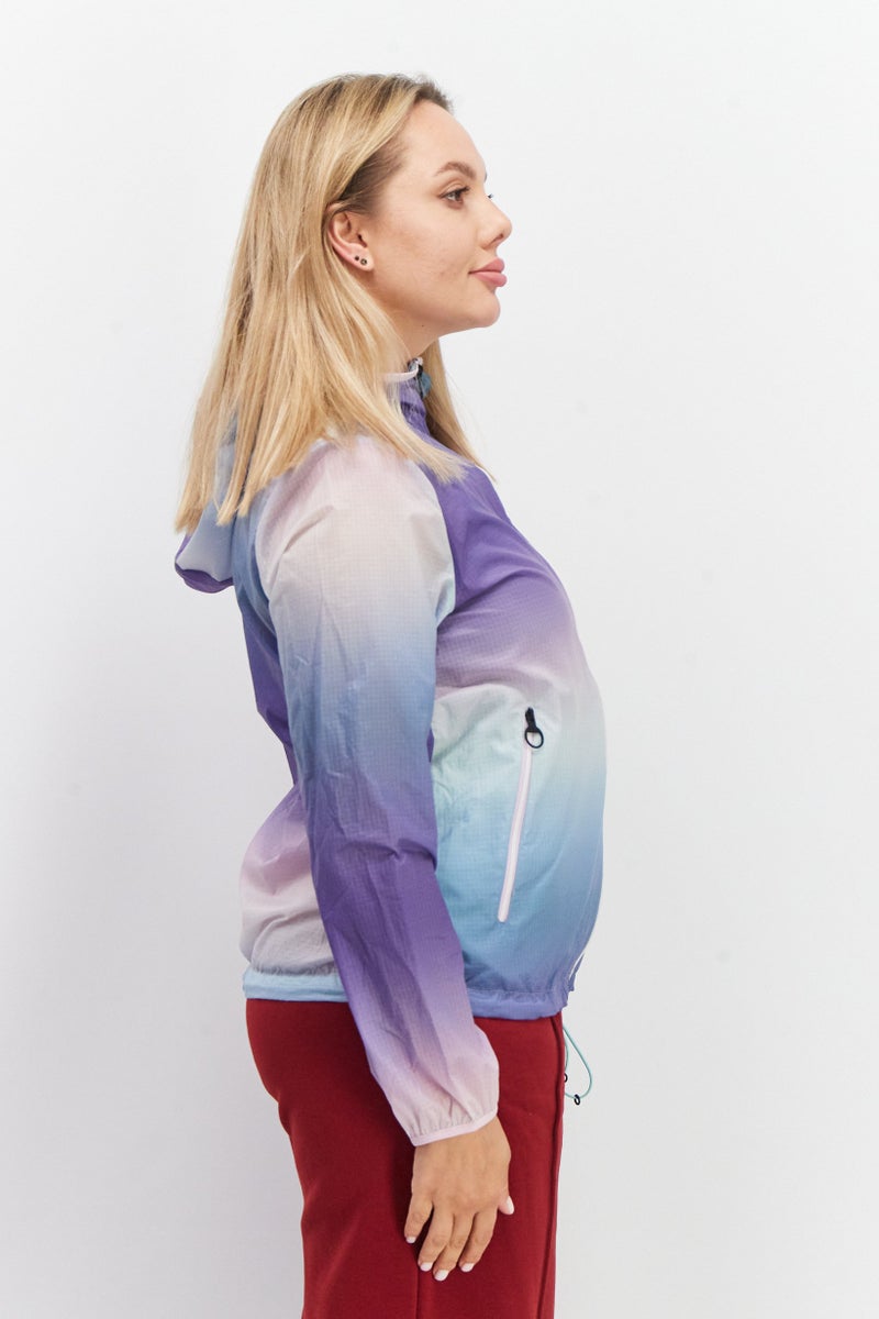 Aigle Women Long Sleeve Full Zip Ombre Pattern Hooded Windbreaker Jacket, Purple Combo - Image 2