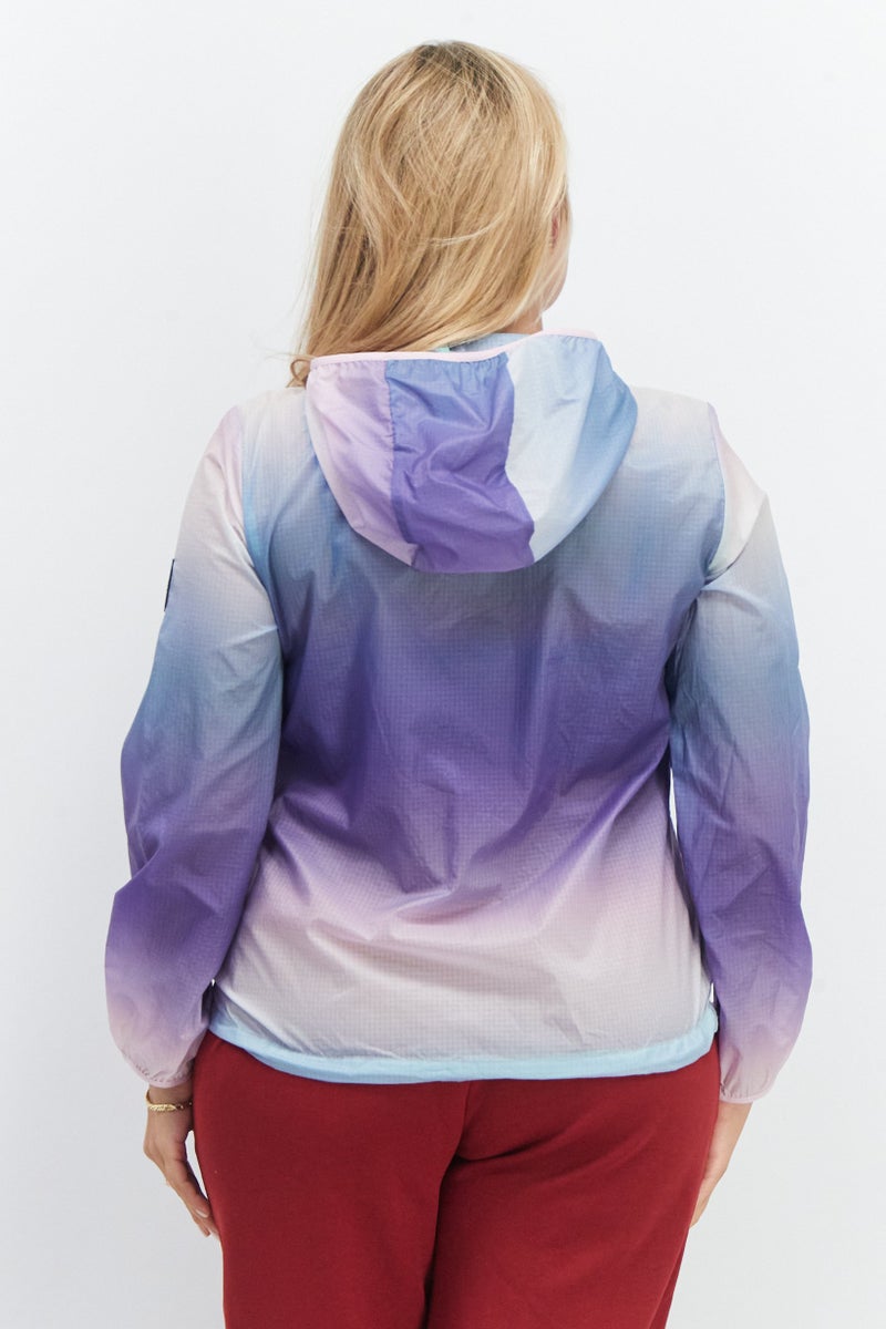 Aigle Women Long Sleeve Full Zip Ombre Pattern Hooded Windbreaker Jacket, Purple Combo - Image 4