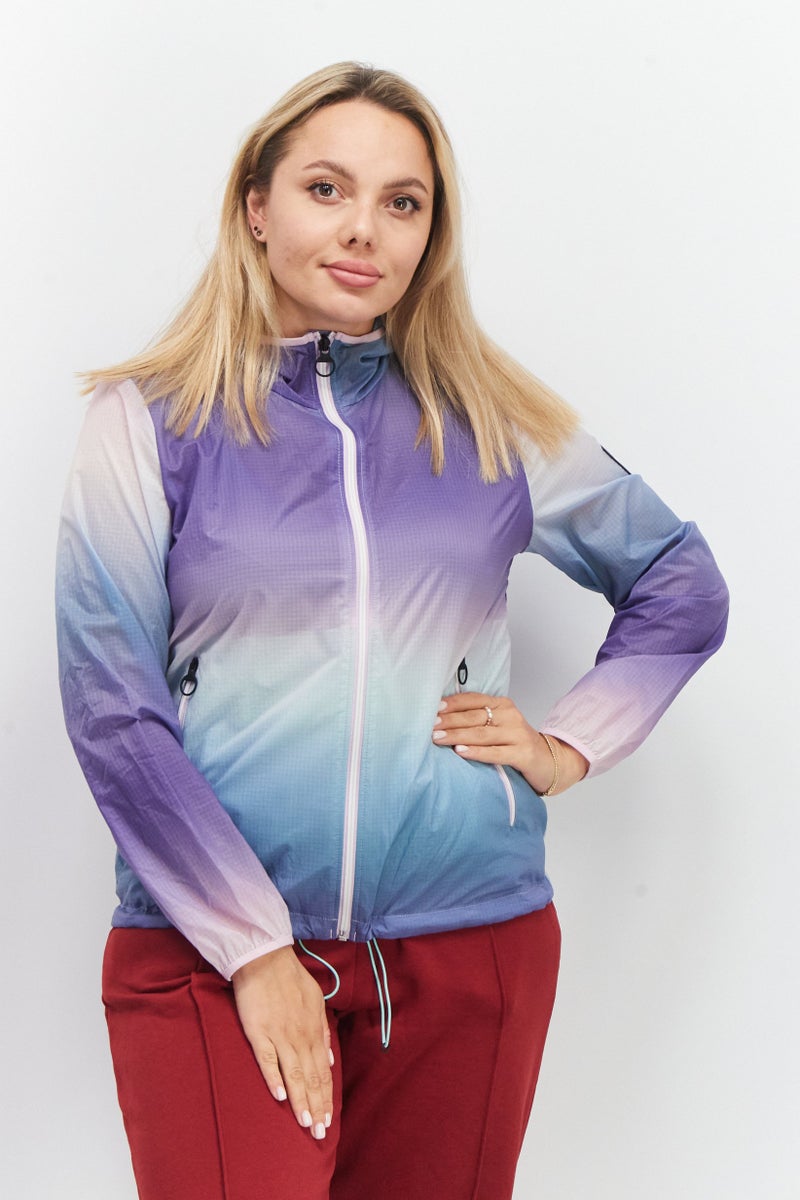 Aigle Women Long Sleeve Full Zip Ombre Pattern Hooded Windbreaker Jacket, Purple Combo - Image 1
