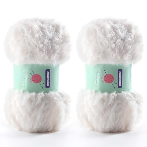 DAERBOF 2 Skeins Soft Chunky Fluffy Fuzzy Faux Fur Yarn for Crocheting Eyelash Furry Yarn for Knitting Blankets Scarves and Sweaters 35 Oz75 Yards Per Roll Milk White - Image 1