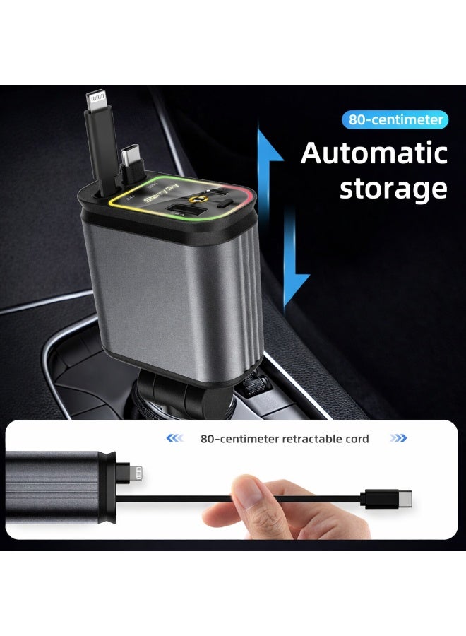 شاحن سيارة سريع 4 في 1 مع كابل قابل للسحب، USB-C PD بقوة 3A وUSB-A QC بقوة 3A، حماية ذكية، إضاءة LED - Image 4