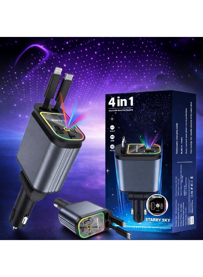 شاحن سيارة سريع 4 في 1 مع كابل قابل للسحب، USB-C PD بقوة 3A وUSB-A QC بقوة 3A، حماية ذكية، إضاءة LED - Image 1