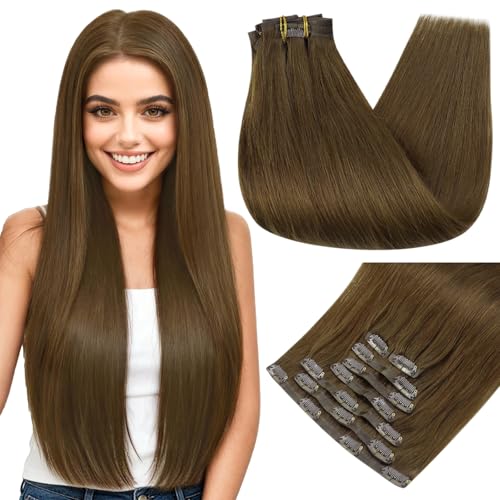 Full Shine Human Hair Clip in Extensions Brown 22 Inch Seamless Clip in Hair Extensions Human Hair Remy Medium Brown for Long Hair Thick Ends 8Pcs 120g - Image 2