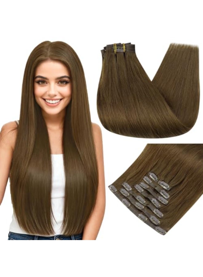 Full Shine Human Hair Clip in Extensions Brown 22 Inch Seamless Clip in Hair Extensions Human Hair Remy Medium Brown for Long Hair Thick Ends 8Pcs 120g - Image 1