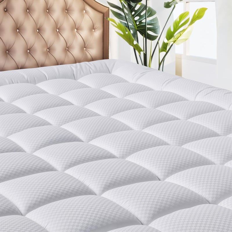 MATBEBY Bedding Quilted Fitted RV King Mattress Pad Cooling Breathable Fluffy Soft Mattress Pad Stretches up to 21 Inch Deep, RV King Size, White, Mattress Topper Mattress Protector - Image 1