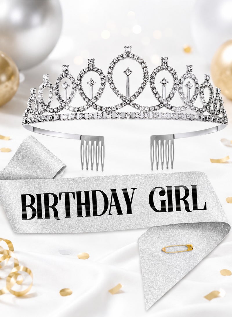 Silver Birthday Girl Sash and Birthday Crown Set - Image 1