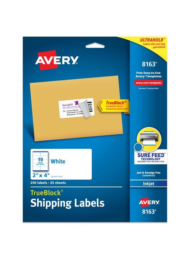 AVERY Avery Printable Shipping Labels with Sure Feed, 2" x 4" Customizable Stickers, White, 250 Blank Mailing Labels, Great for Mailing, Shipping, and More (8163) - Image 1