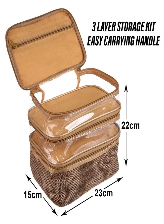 كوبير إندستريز مجموعة مكياج من كوبر إندستريز | حقيبة مستحضرات تجميل من الجوت بثلاث طبقات | حقيبة سفر بلون عتيق مع نافذة شفافة | حقيبة زينة نسائية بمقبض | ذهبي - Image 3