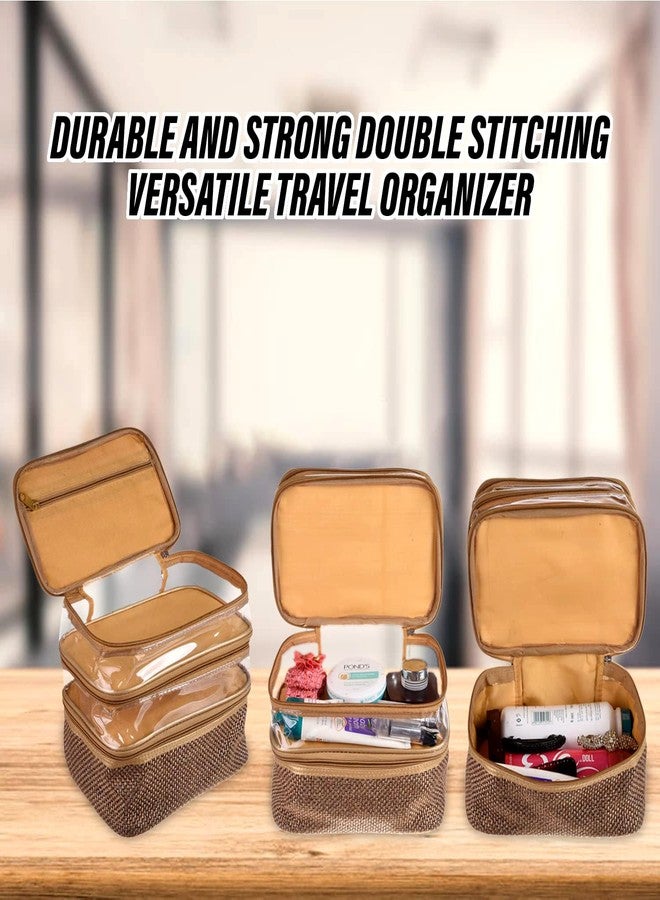 كوبير إندستريز مجموعة مكياج من كوبر إندستريز | حقيبة مستحضرات تجميل من الجوت بثلاث طبقات | حقيبة سفر بلون عتيق مع نافذة شفافة | حقيبة زينة نسائية بمقبض | ذهبي - Image 5