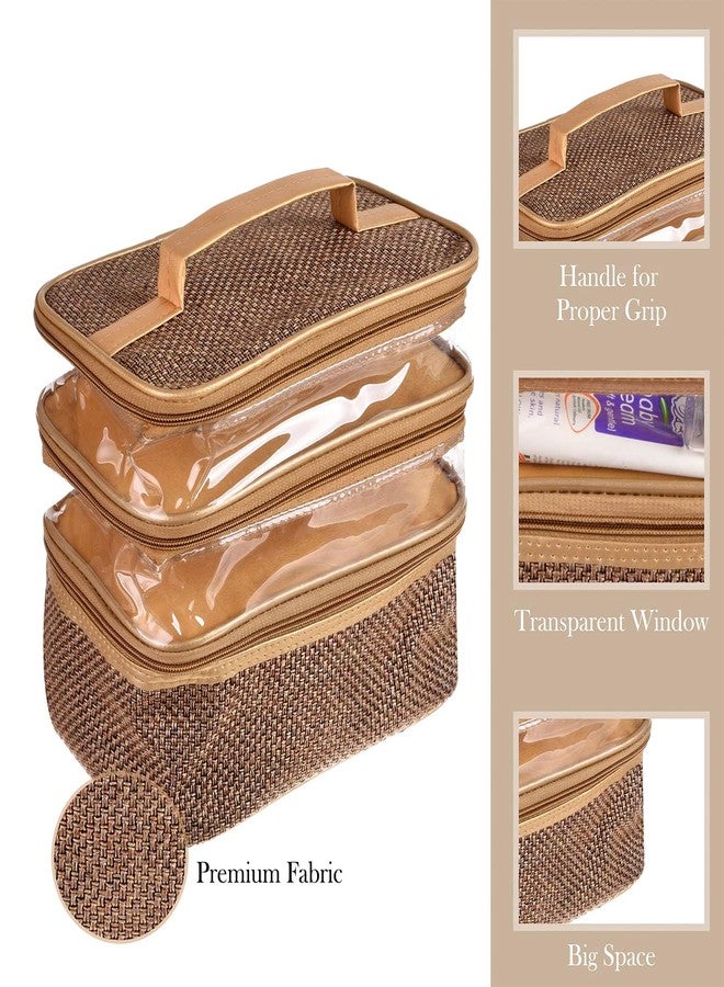 كوبير إندستريز مجموعة مكياج من كوبر إندستريز | حقيبة مستحضرات تجميل من الجوت بثلاث طبقات | حقيبة سفر بلون عتيق مع نافذة شفافة | حقيبة زينة نسائية بمقبض | ذهبي - Image 4