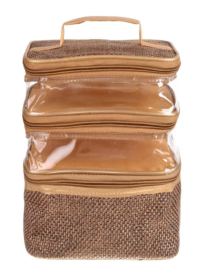 كوبير إندستريز مجموعة مكياج من كوبر إندستريز | حقيبة مستحضرات تجميل من الجوت بثلاث طبقات | حقيبة سفر بلون عتيق مع نافذة شفافة | حقيبة زينة نسائية بمقبض | ذهبي - Image 2