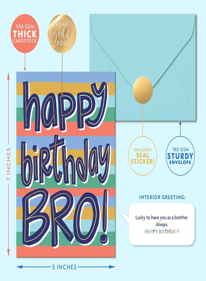Sweetzer & Orange Happy Birthday Brother Card – Gold Foil Greeting Card with Aqua Envelope & Sticker – From Sister or Brother – Thick Cardstock, Stripes Design - Image 2