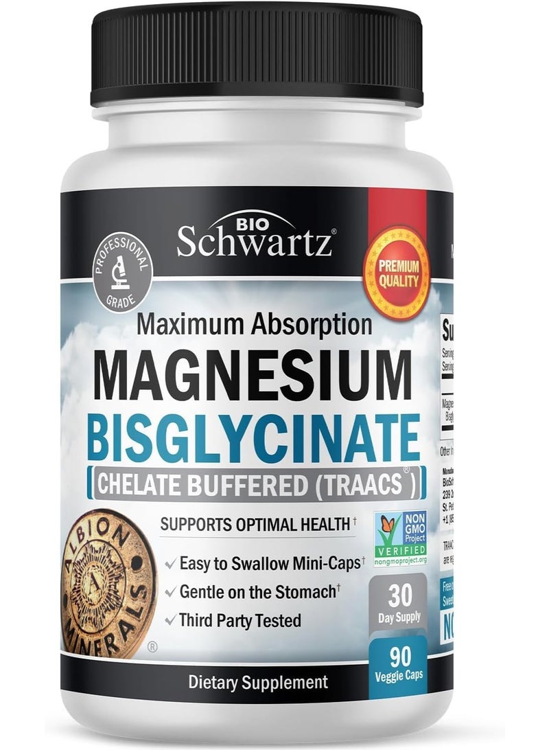 BioSchwartz Magnesium Bisglycinate 100% Chelate No-Laxative Effect - Maximum Absorption & Bioavailability, Fully Reacted & Buffered - Healthy Energy Muscle Bone & Joint Support - Non-GMO Project Verified - 90 ct