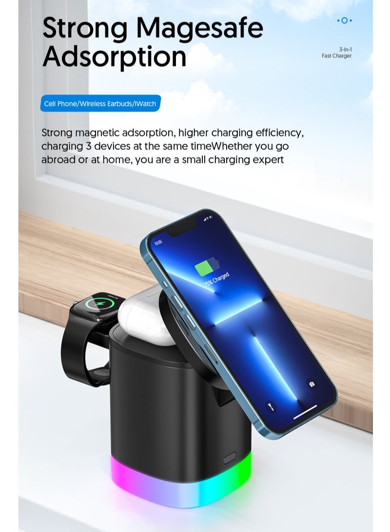 EVEREEN 3-in-1 Magnetic Charging Dock With Foldable Stand And Night Illumination Non-Waterproof ABS Wireless Charger For iPhone 15/14/13/12 Pro/Max/Plus And Apple Watch Series 2-9 15W Fast Charging Power Compatible With Multiple Devices Powerful Magnet LED  - Image 4