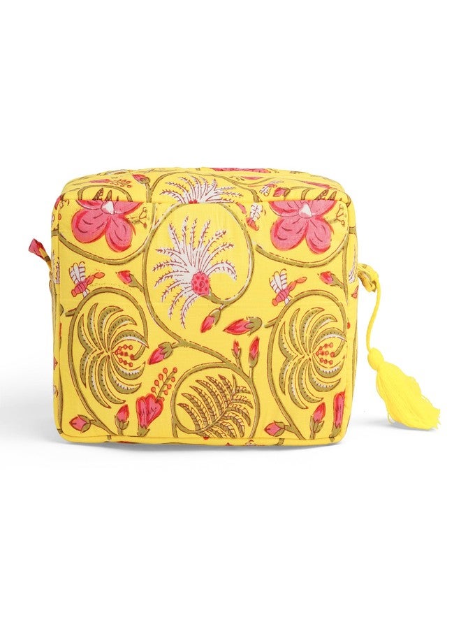 AYUDA HOMES Travel Pouch - Yellow Bloom Quilted Cotton Toiletry Bag with Zipper & Tassel Cosmetic, Makeup Organizer for Travel and Everyday Use - Image 1
