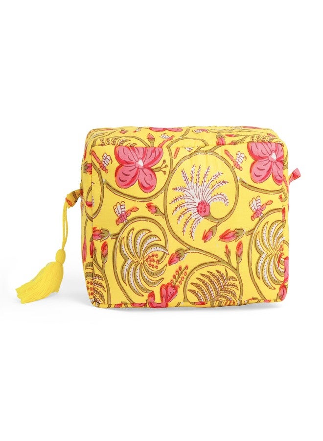 AYUDA HOMES Travel Pouch - Yellow Bloom Quilted Cotton Toiletry Bag with Zipper & Tassel Cosmetic, Makeup Organizer for Travel and Everyday Use - Image 3