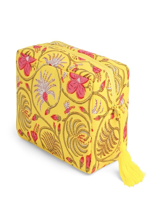 AYUDA HOMES Travel Pouch - Yellow Bloom Quilted Cotton Toiletry Bag with Zipper & Tassel Cosmetic, Makeup Organizer for Travel and Everyday Use - Image 2