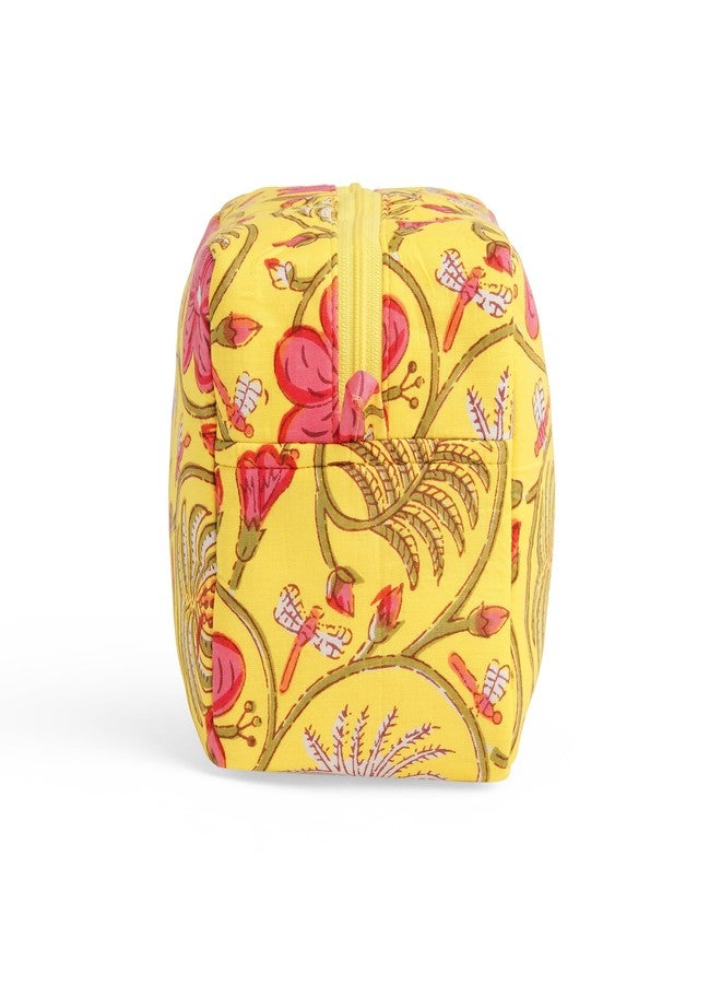 AYUDA HOMES Travel Pouch - Yellow Bloom Quilted Cotton Toiletry Bag with Zipper & Tassel Cosmetic, Makeup Organizer for Travel and Everyday Use - Image 4