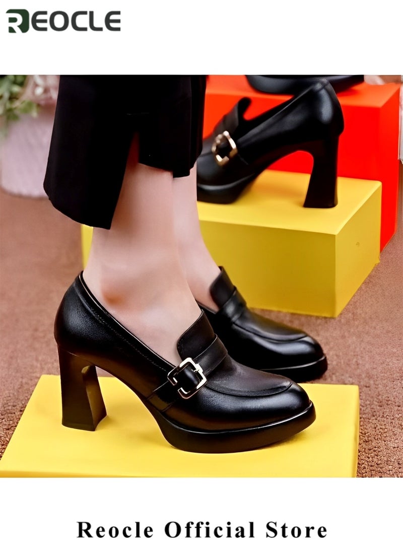 REOCLE Women's Chunky Closed Toe High Block Heels Work Pumps Comfortable Round Toe Dress Wedding Shoes Platform Pump  - Image 4