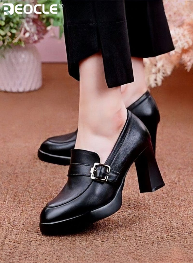 REOCLE Women's Chunky Closed Toe High Block Heels Work Pumps Comfortable Round Toe Dress Wedding Shoes Platform Pump - Image 1