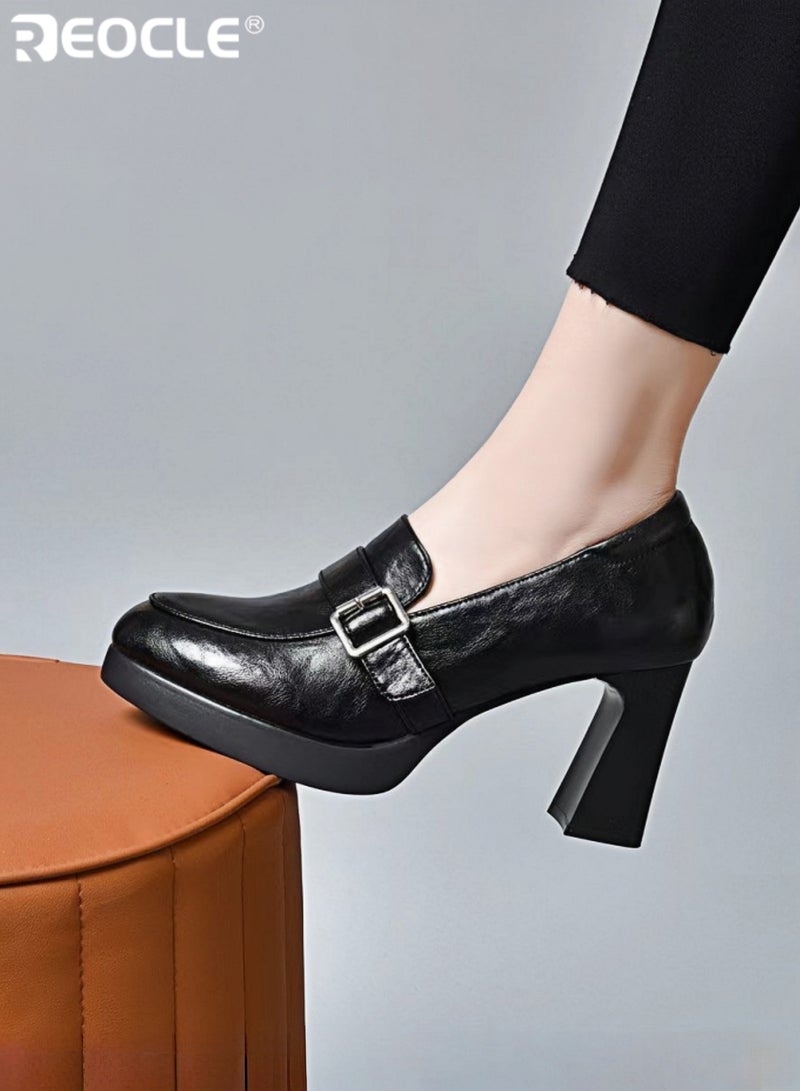 REOCLE Women's Chunky Closed Toe High Block Heels Work Pumps Comfortable Round Toe Dress Wedding Shoes Platform Pump - Image 4