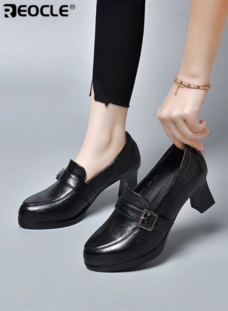 REOCLE Women's Chunky Closed Toe High Block Heels Work Pumps Comfortable Round Toe Dress Wedding Shoes Platform Pump - Image 5