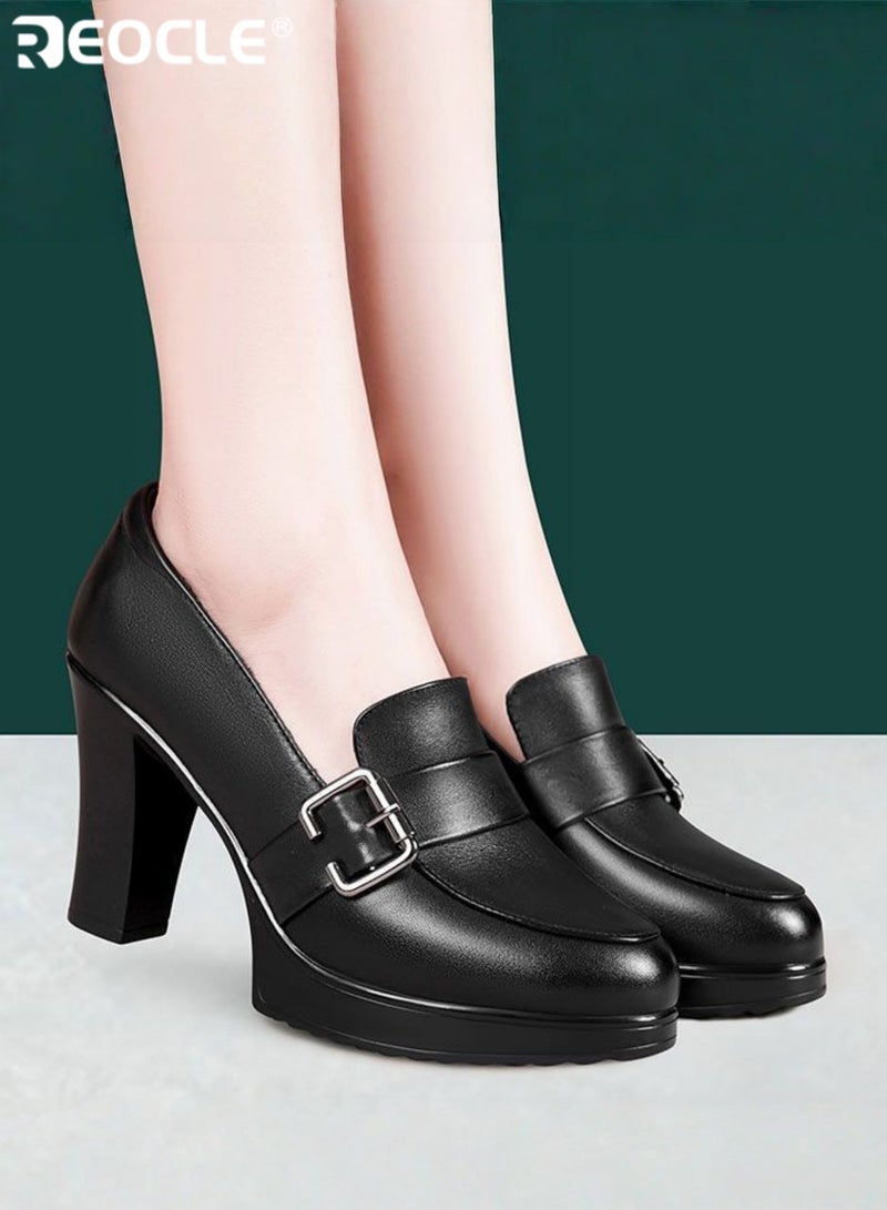 REOCLE Women's Chunky Closed Toe High Block Heels Work Pumps Comfortable Round Toe Dress Wedding Shoes Platform Pump - Image 2