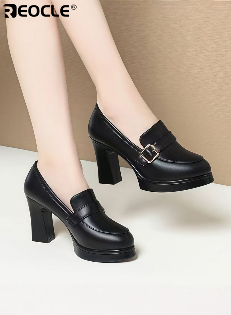 REOCLE Women's Chunky Closed Toe High Block Heels Work Pumps Comfortable Round Toe Dress Wedding Shoes Platform Pump - Image 3