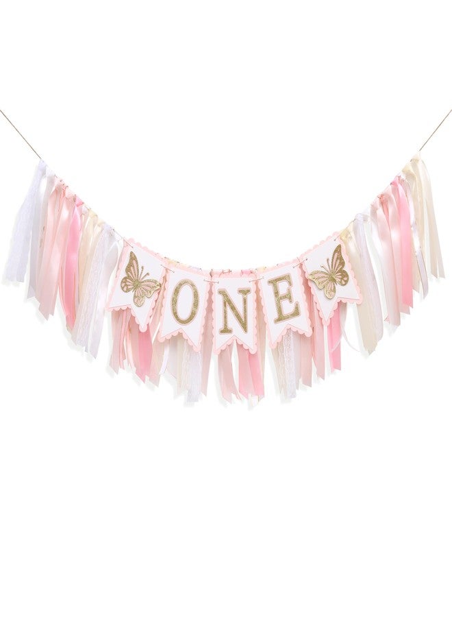 WAWOO Pink Butterfly First Highchair Banner - 1st Birthday Decorations, Spring One Birthday Decorations, Butterfly Highchair Garland, Pink 1st Photo Prop Cake Smash - Image 2