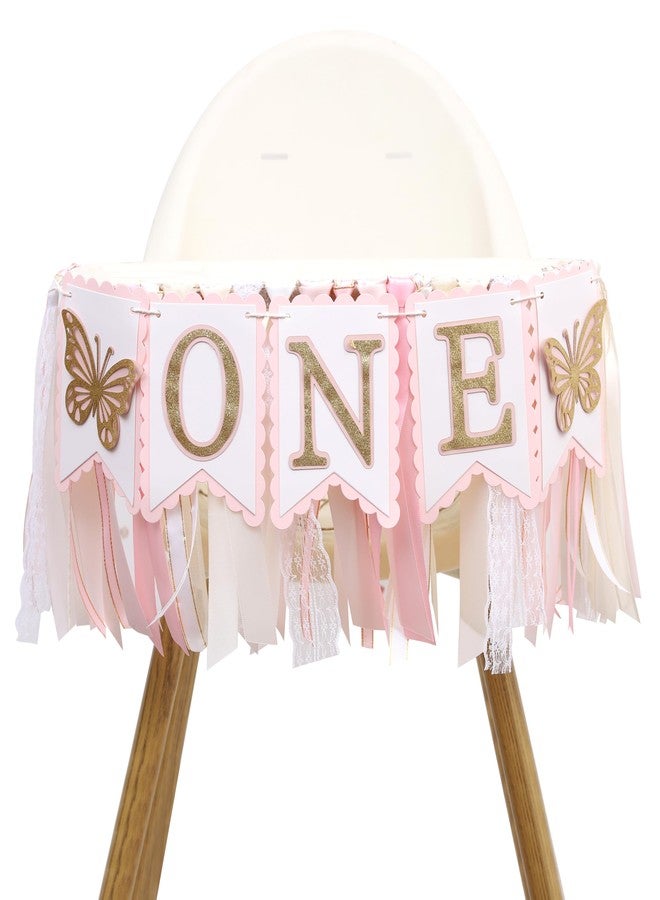 WAWOO Pink Butterfly First Highchair Banner - 1st Birthday Decorations, Spring One Birthday Decorations, Butterfly Highchair Garland, Pink 1st Photo Prop Cake Smash - Image 1