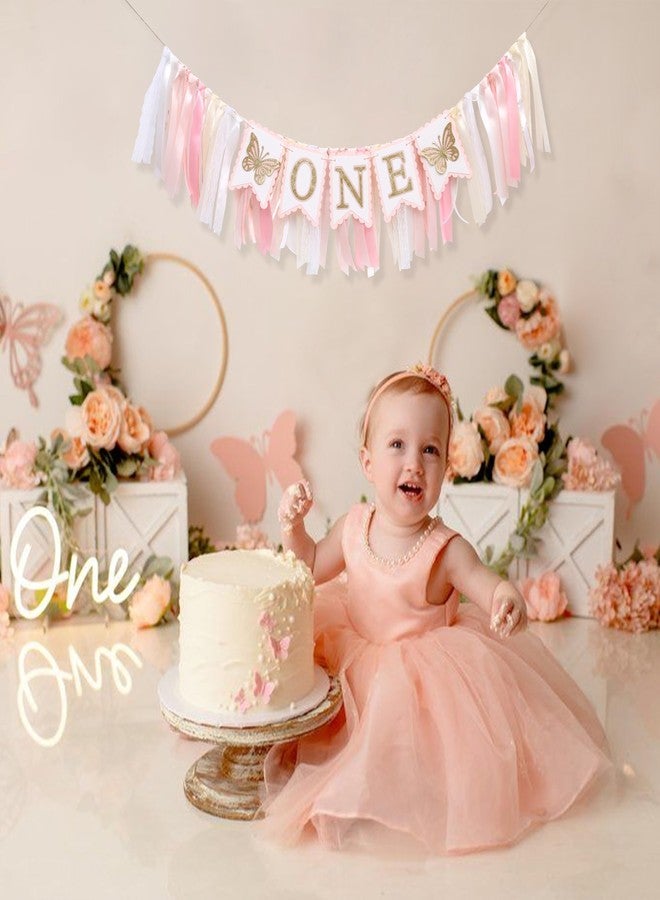 WAWOO Pink Butterfly First Highchair Banner - 1st Birthday Decorations, Spring One Birthday Decorations, Butterfly Highchair Garland, Pink 1st Photo Prop Cake Smash - Image 4