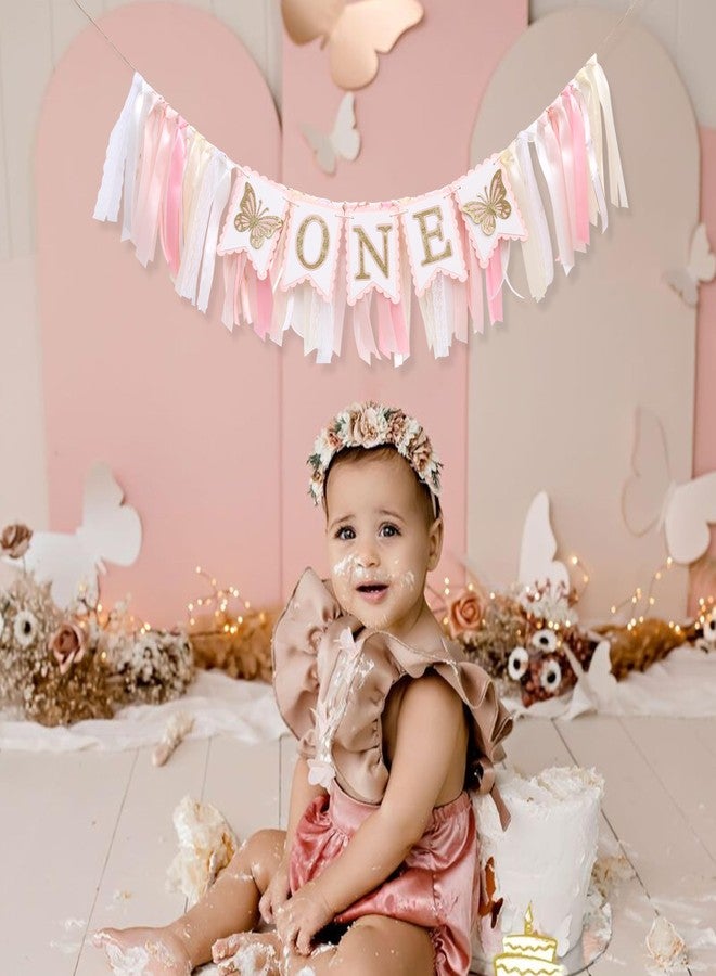 WAWOO Pink Butterfly First Highchair Banner - 1st Birthday Decorations, Spring One Birthday Decorations, Butterfly Highchair Garland, Pink 1st Photo Prop Cake Smash - Image 5
