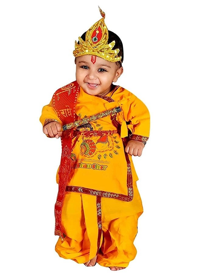 Tripurari Krishna Dress For Baby Boy Baby Girls 100% Cotton Dhoti Kurta Krishna Kids Costume Ethnic Wear Dress (Pack Of 5 - Kurta, Dhoti, Bansuri, Mor Pankh Mukut, Bandhni Patka) (0-3 Months), Yellow - Image 2