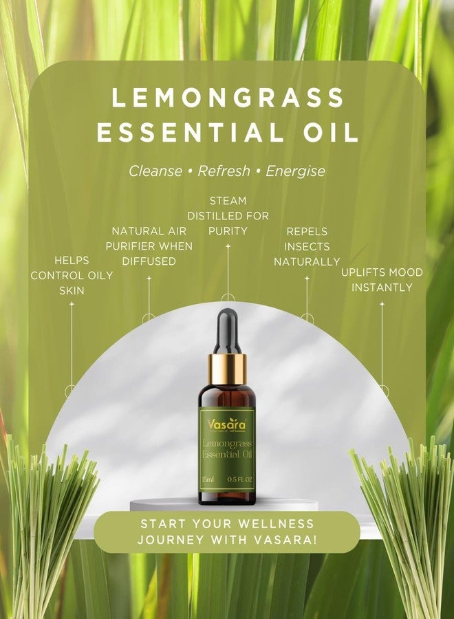 Vasara Lemongrass Essential Oil 15ml | Steam Distilled | 100% Pure & Natural | Therapeutic Grade | Best for Aromatherapy & Meditation | For Home Diffuser, Skin & Hair Care - Image 2