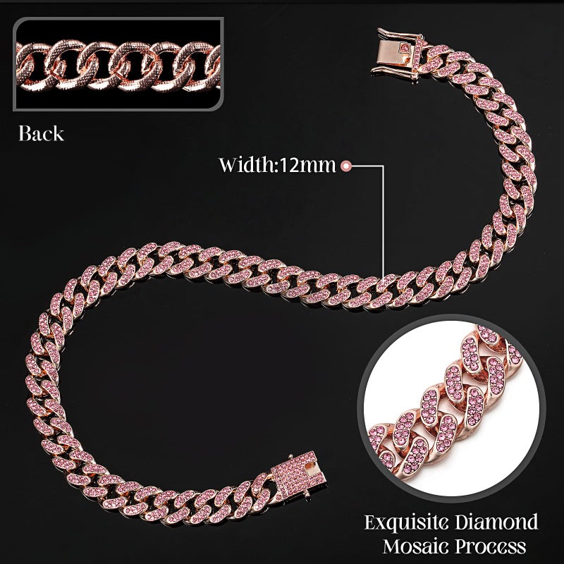 LEIFIDE Dog Chain Collar Diamond Link Puppy Collar 12 mm Wide Dog Necklace Metal Cat Chain Pet Crystal Necklace Jewelry Accessories for Small Medium Large Pet(10 Inch,Rose Gold, Pink) - Image 2