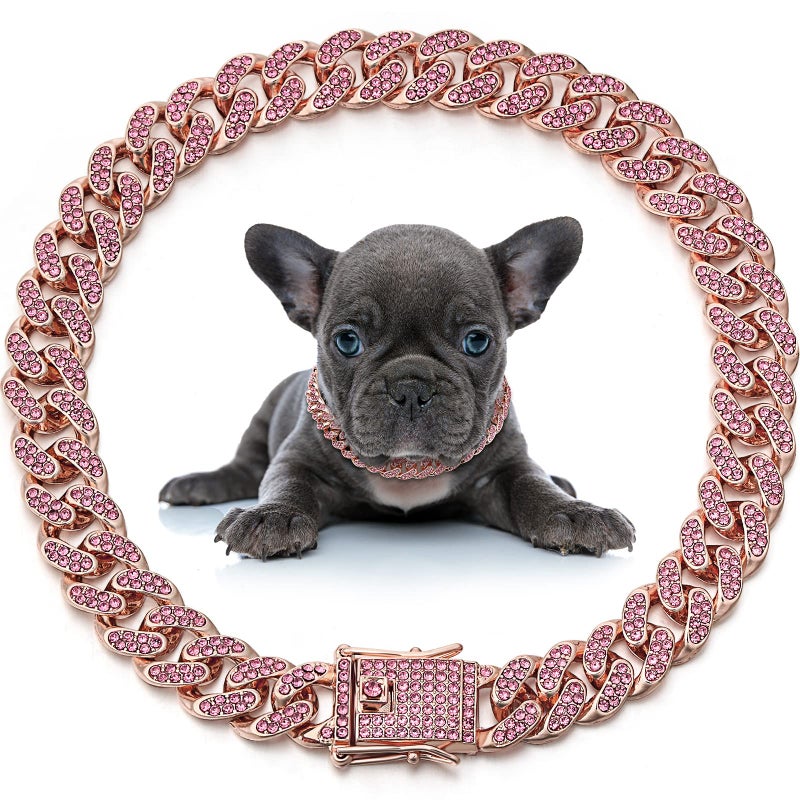 LEIFIDE Dog Chain Collar Diamond Link Puppy Collar 12 mm Wide Dog Necklace Metal Cat Chain Pet Crystal Necklace Jewelry Accessories for Small Medium Large Pet(10 Inch,Rose Gold, Pink) - Image 1