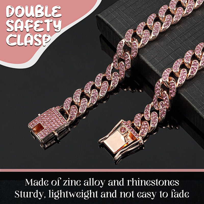 LEIFIDE Dog Chain Collar Diamond Link Puppy Collar 12 mm Wide Dog Necklace Metal Cat Chain Pet Crystal Necklace Jewelry Accessories for Small Medium Large Pet(10 Inch,Rose Gold, Pink) - Image 3