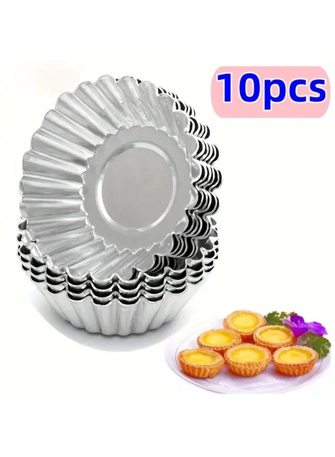 10 Pcs Non Stick Mini Egg Tart Tray Set Silvery Aluminum Reusable Baking Molds Fan Shaped Edges Food Safe Baking Tools For Pies Tarts And Desserts Perfect For Holiday Baking Essentials Included Deep Tart Pan With Bamboo Decoration Dish - Image 1