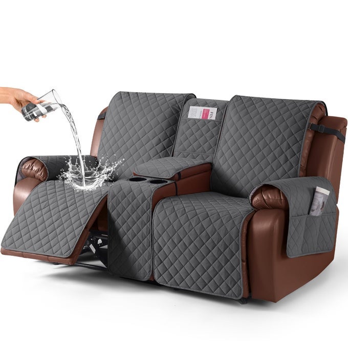 100 WATERPROOF RECLINER LOVESEAT COVER WITH CONSOLE NONSLIP RECLINING COUCH COVERS FOR 2 SEAT RECLINER SOFA COVER FURNITURE PROTECTOR WITH ELASTIC STRAPS FOR KIDS PETS CHARCOAL GRAY