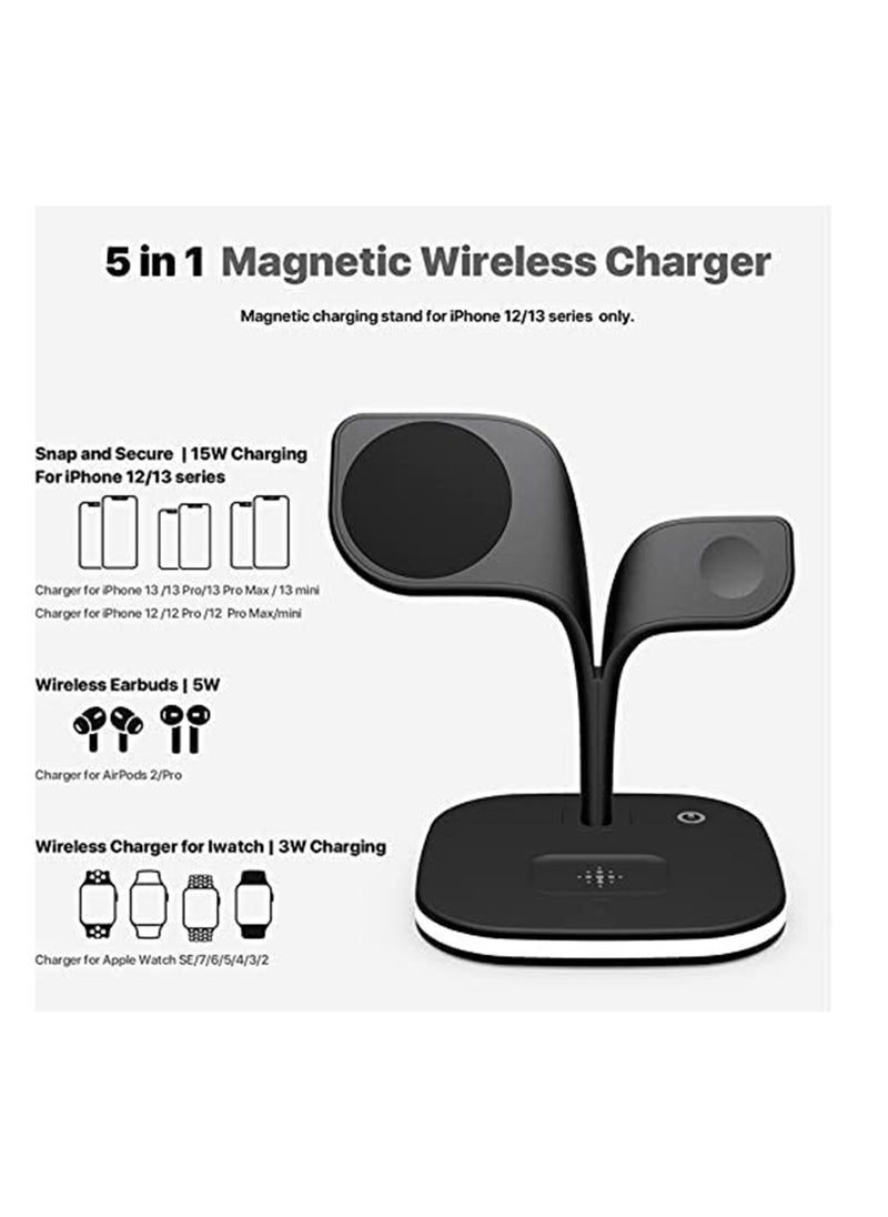 XICEN - 5 in 1 Wireless Charging Station, 15W Fast Charging Pad，compatible with Apple Watch / iPhone, Compatible Multiple Device Charger Night Table lamp Stand - Image 1